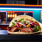 **

"A vibrant and colorful food photography shot of a Kogi BBQ taco. Focus on the layers of Korean BBQ meat, fresh cilantro, and spicy slaw inside a warm tortilla. Background should be a bustling Los Angeles food truck scene at night, with neon lights and happy customers."

**