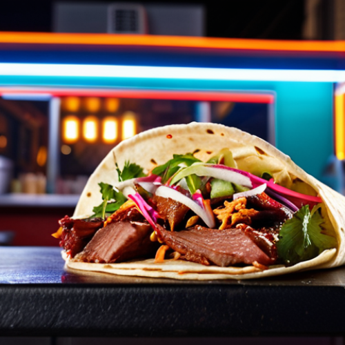Home 15 **
"A vibrant and colorful food photography shot of a Kogi BBQ taco. Focus on the layers of Korean BBQ meat, fresh cilantro, and spicy slaw inside a warm tortilla. Background should be a bustling Los Angeles food truck scene at night, with neon lights and happy customers."
**