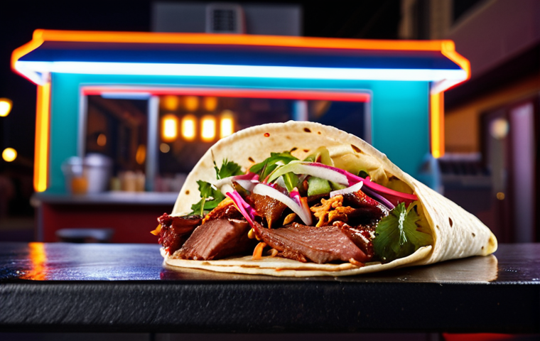 **
"A vibrant and colorful food photography shot of a Kogi BBQ taco. Focus on the layers of Korean BBQ meat, fresh cilantro, and spicy slaw inside a warm tortilla. Background should be a bustling Los Angeles food truck scene at night, with neon lights and happy customers."
**