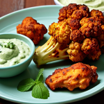 **

Tandoori cauliflower florets, golden brown and slightly charred, arranged artfully on a platter.  A creamy, vibrant green yogurt-mint dip sits beside it in a small bowl. In the background, blurred, a piece of flavorful Fusion Chicken, suggesting a complementary meal.  Focus is on the textures and colors of the cauliflower and dip.

**