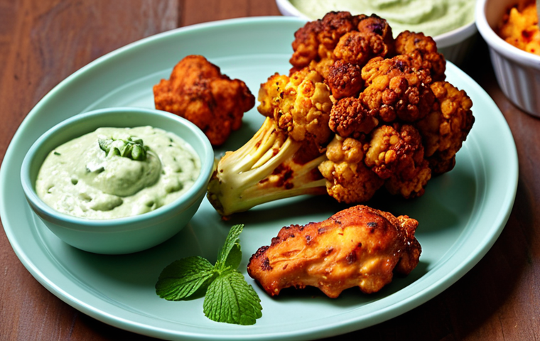 **
Tandoori cauliflower florets, golden brown and slightly charred, arranged artfully on a platter. A creamy, vibrant green yogurt-mint dip sits beside it in a small bowl. In the background, blurred, a piece of flavorful Fusion Chicken, suggesting a complementary meal. Focus is on the textures and colors of the cauliflower and dip.
**