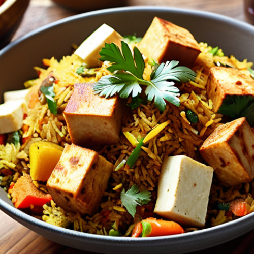 Home 7 **
A vibrant and flavorful Indian vegetarian biryani dish featuring colorful vegetables and tofu. The biryani is presented in a traditional serving dish, garnished with fresh cilantro and a sprinkle of garam masala. The background showcases a warm, inviting Indian restaurant setting.
**