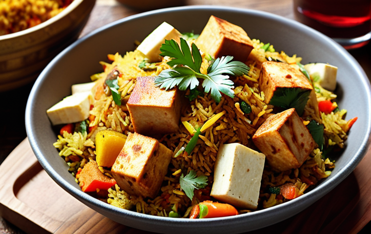 **
A vibrant and flavorful Indian vegetarian biryani dish featuring colorful vegetables and tofu. The biryani is presented in a traditional serving dish, garnished with fresh cilantro and a sprinkle of garam masala. The background showcases a warm, inviting Indian restaurant setting.
**