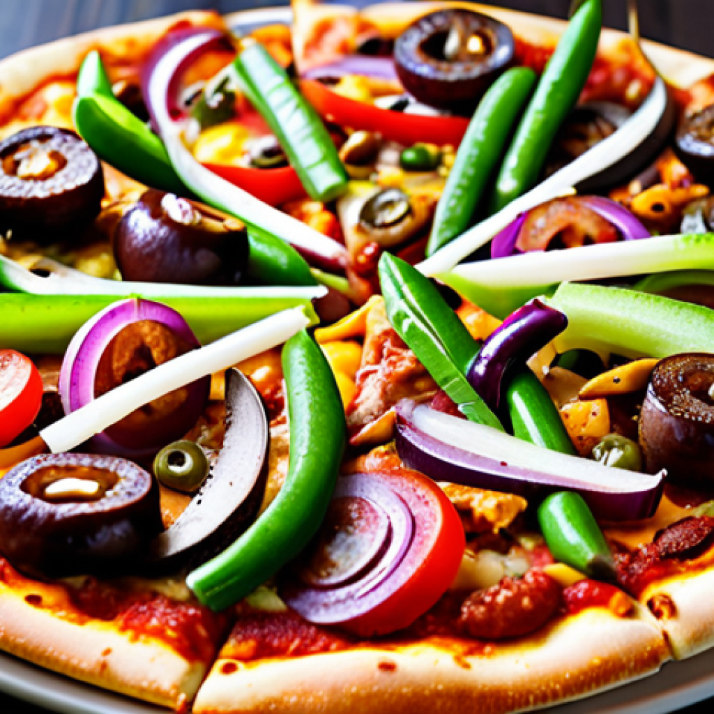 A close-up, high-angle shot of a vibrant and delicious plant-based fusion pizza, topped generously with perfectly cooked soy-based pepperoni, savory mushroom-based sausage, melted vegan cheese, and fresh, colorful vegetables like bell peppers, olives, and red onions. The pizza is presented on a clean, modern wooden table in a well-lit, contemporary restaurant setting, emphasizing culinary innovation and inviting taste. fully clothed, appropriate attire, safe for work, perfect anatomy, natural proportions, professional food photography, high quality, family-friendly.