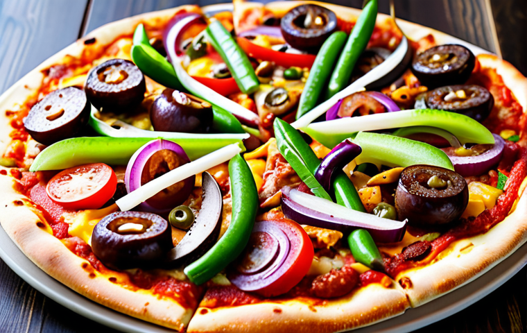 A close-up, high-angle shot of a vibrant and delicious plant-based fusion pizza, topped generously with perfectly cooked soy-based pepperoni, savory mushroom-based sausage, melted vegan cheese, and fresh, colorful vegetables like bell peppers, olives, and red onions. The pizza is presented on a clean, modern wooden table in a well-lit, contemporary restaurant setting, emphasizing culinary innovation and inviting taste. fully clothed, appropriate attire, safe for work, perfect anatomy, natural proportions, professional food photography, high quality, family-friendly.