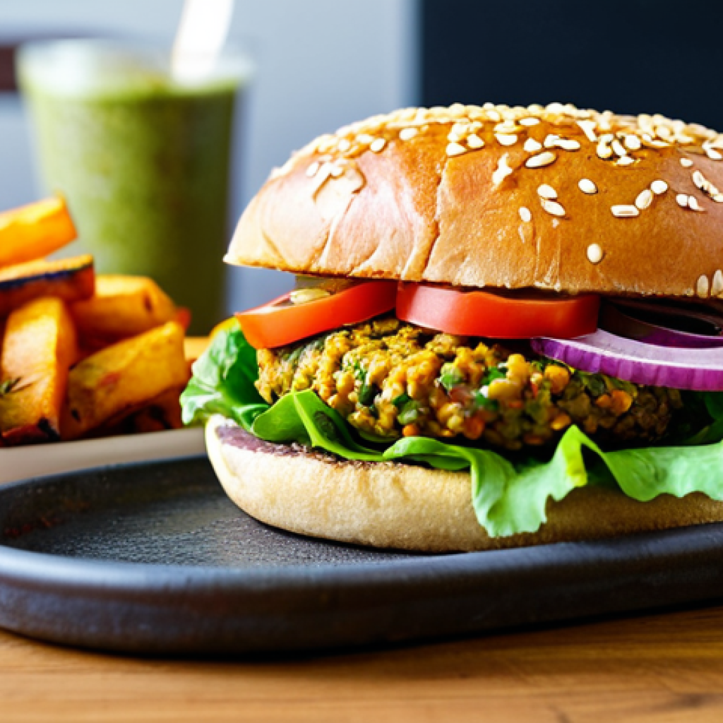 A vibrant, close-up shot of an artisanal vegan Indian fusion burger, featuring a crispy, spiced lentil (dal) patty, fresh lettuce, sliced tomatoes, red onion, a drizzle of green chutney, and tamarind sauce, all perfectly nestled in a whole wheat bun. A side of perfectly baked, golden-brown sweet potato fries is visible. The setting is a brightly lit, modern cafe with a clean, minimalist wooden table. Professional photography, high resolution, natural lighting, sharp focus, rich colors, inviting atmosphere, safe for work, appropriate content, family-friendly, fully clothed (if any human presence), perfect anatomy (if any human presence), well-formed hands (if any human presence).
