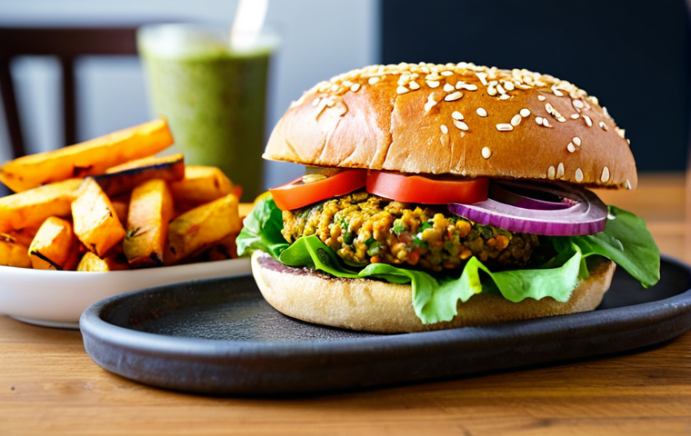 A vibrant, close-up shot of an artisanal vegan Indian fusion burger, featuring a crispy, spiced lentil (dal) patty, fresh lettuce, sliced tomatoes, red onion, a drizzle of green chutney, and tamarind sauce, all perfectly nestled in a whole wheat bun. A side of perfectly baked, golden-brown sweet potato fries is visible. The setting is a brightly lit, modern cafe with a clean, minimalist wooden table. Professional photography, high resolution, natural lighting, sharp focus, rich colors, inviting atmosphere, safe for work, appropriate content, family-friendly, fully clothed (if any human presence), perfect anatomy (if any human presence), well-formed hands (if any human presence).
