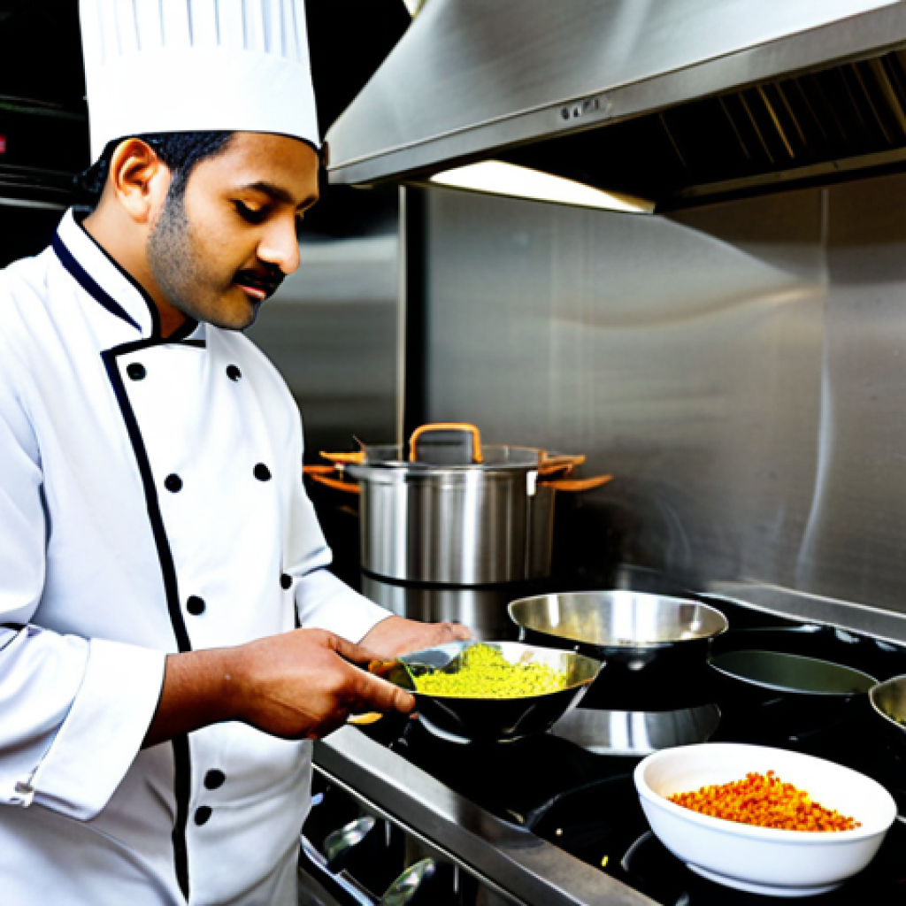 A professional male chef, fully clothed in a clean white chef's jacket and apron, expertly preparing a vibrant fusion chicken dish in a brightly lit, modern commercial kitchen. He is holding a small bowl of colorful Indian spices in one hand and a Western-style frying pan with chicken in the other, symbolizing the blend of culinary cultures. The kitchen features stainless steel surfaces and various global ingredients subtly arranged in the background. The chef is in a focused, natural pose, perfect anatomy, correct proportions, well-formed hands, proper finger count, natural body proportions. professional photography, high resolution, detailed, studio lighting, safe for work, appropriate content, fully clothed, professional dress.