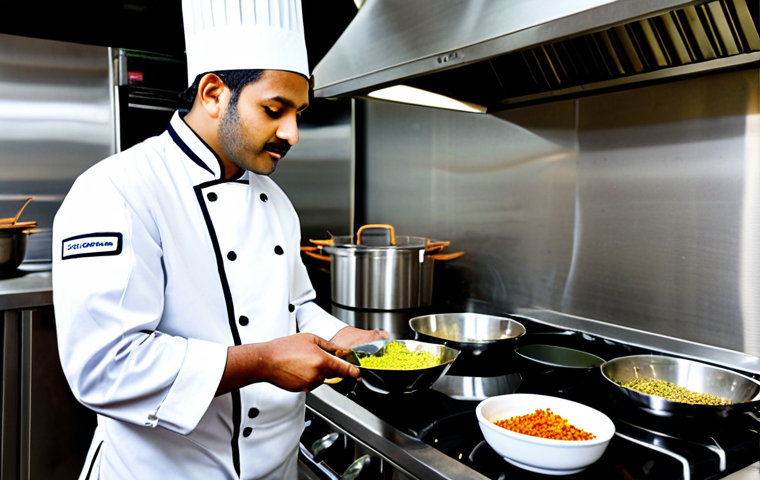 A professional male chef, fully clothed in a clean white chef's jacket and apron, expertly preparing a vibrant fusion chicken dish in a brightly lit, modern commercial kitchen. He is holding a small bowl of colorful Indian spices in one hand and a Western-style frying pan with chicken in the other, symbolizing the blend of culinary cultures. The kitchen features stainless steel surfaces and various global ingredients subtly arranged in the background. The chef is in a focused, natural pose, perfect anatomy, correct proportions, well-formed hands, proper finger count, natural body proportions. professional photography, high resolution, detailed, studio lighting, safe for work, appropriate content, fully clothed, professional dress.