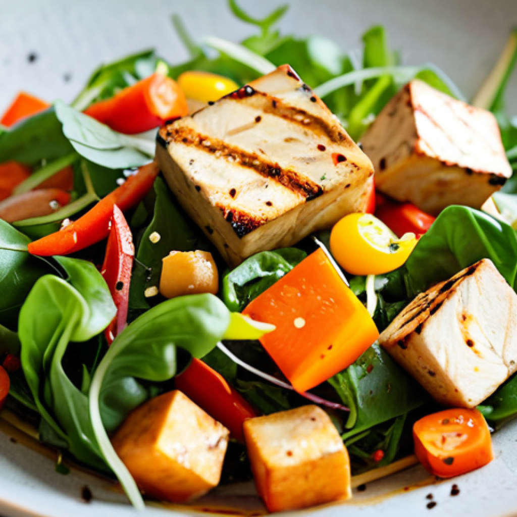 Tofu Fusion Salad**
A vibrant and colorful fusion salad featuring grilled tofu cubes, mixed greens, bell peppers, shredded carrots, and a light vinaigrette dressing. The tofu is golden brown and appears flavorful. Safe for work, appropriate content, fully clothed (salad ingredients!), professional food photography, perfect composition, natural lighting, modest presentation, family-friendly.
**