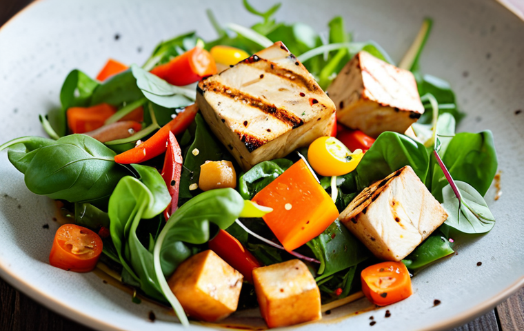 Tofu Fusion Salad**
A vibrant and colorful fusion salad featuring grilled tofu cubes, mixed greens, bell peppers, shredded carrots, and a light vinaigrette dressing. The tofu is golden brown and appears flavorful. Safe for work, appropriate content, fully clothed (salad ingredients!), professional food photography, perfect composition, natural lighting, modest presentation, family-friendly.
**