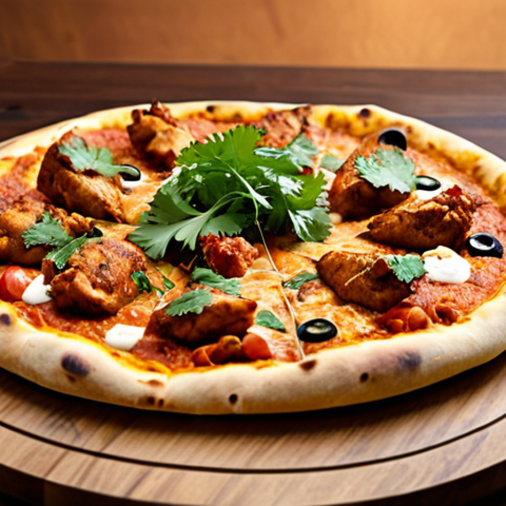 퓨전 피자의 소스 다양성 - Tandoori Chicken Pizza**
"A delicious fusion pizza with tandoori chicken toppings, featuring a vibr...