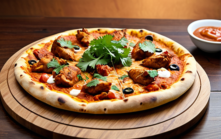 퓨전 피자의 소스 다양성 - Tandoori Chicken Pizza**
"A delicious fusion pizza with tandoori chicken toppings, featuring a vibr...