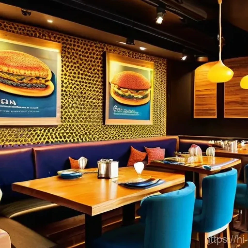 퓨전 패스트푸드 브랜드 리뉴얼 사례 - **Fusion Feast in a Modern Setting:**
    A bustling, brightly lit fast-food restaurant interior wit...