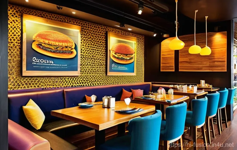 퓨전 패스트푸드 브랜드 리뉴얼 사례 - **Fusion Feast in a Modern Setting:**
A bustling, brightly lit fast-food restaurant interior wit...