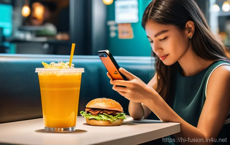 퓨전 패스트푸드 브랜드 리뉴얼 사례 - **Fusion Feast in a Modern Setting:**
    A bustling, brightly lit fast-food restaurant interior wit...