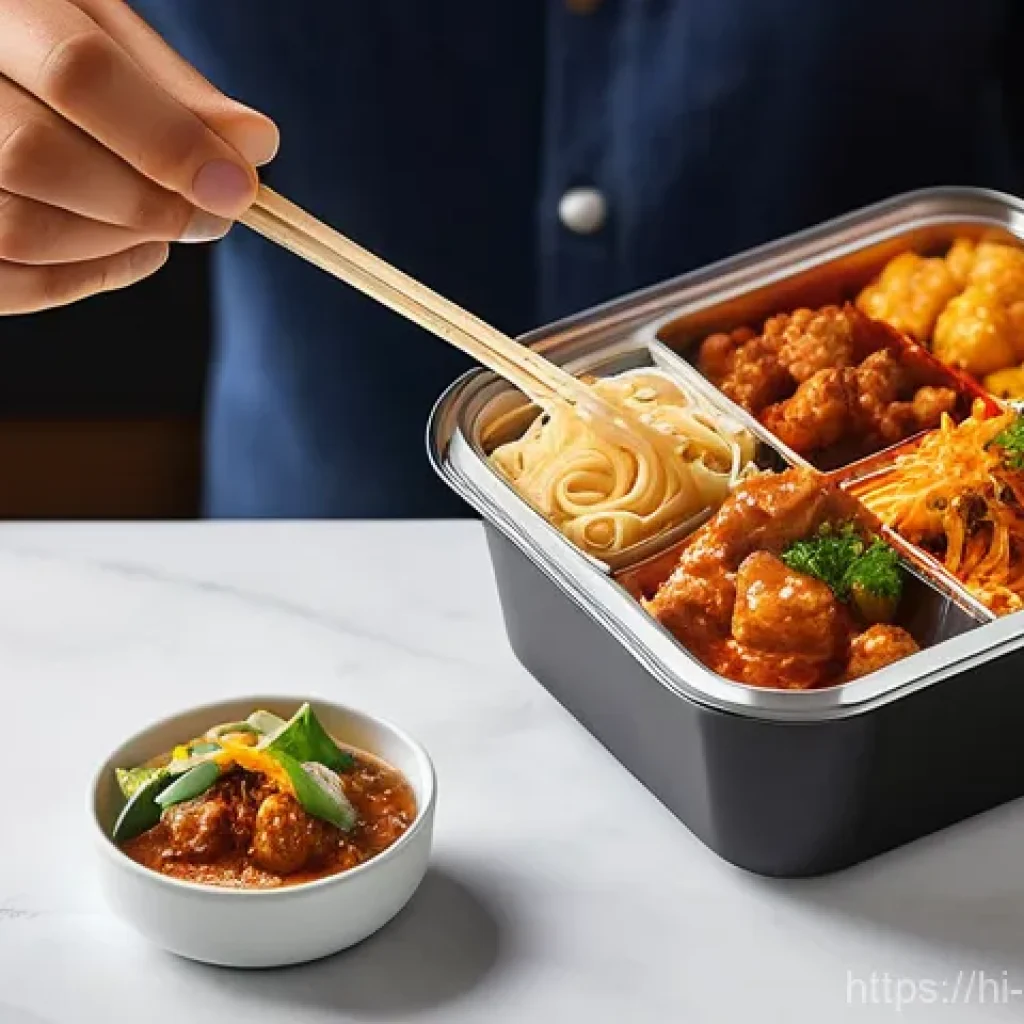 퓨전 패스트푸드 테이크아웃 용기 - **Prompt 1: Fresh and Flavorful Fusion Fast Food Delivery**
"A close-up, high-angle shot of a pe...