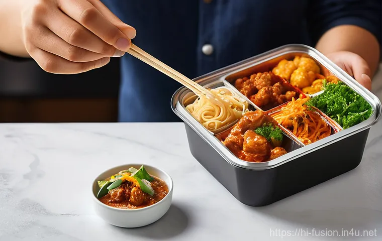 퓨전 패스트푸드 테이크아웃 용기 - **Prompt 1: Fresh and Flavorful Fusion Fast Food Delivery**
"A close-up, high-angle shot of a pe...