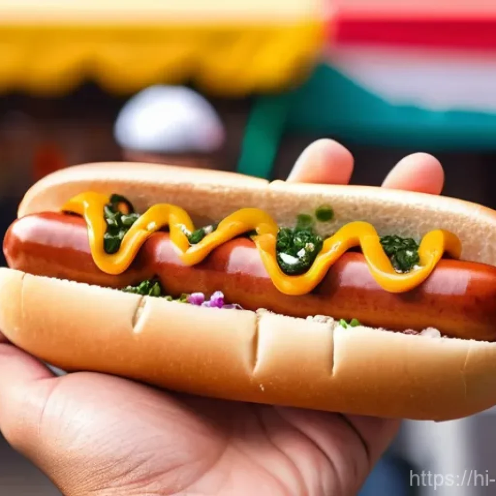 퓨전 핫도그 원가 비교 - A vibrant, close-up, eye-level shot of a delicious fusion hot dog being enthusiastically held in han...
