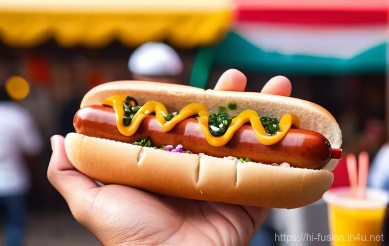 퓨전 핫도그 원가 비교 - A vibrant, close-up, eye-level shot of a delicious fusion hot dog being enthusiastically held in han...