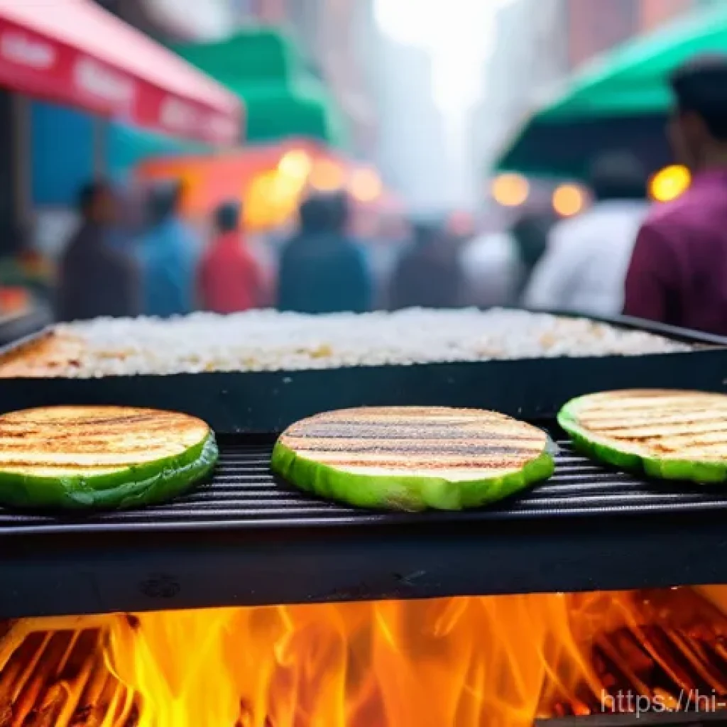 퓨전 샌드위치 제조사별 가격 - **Prompt:** A vibrant, close-up shot of a "Street Style Veg Fusion Sandwich" being pressed on a hot ...
