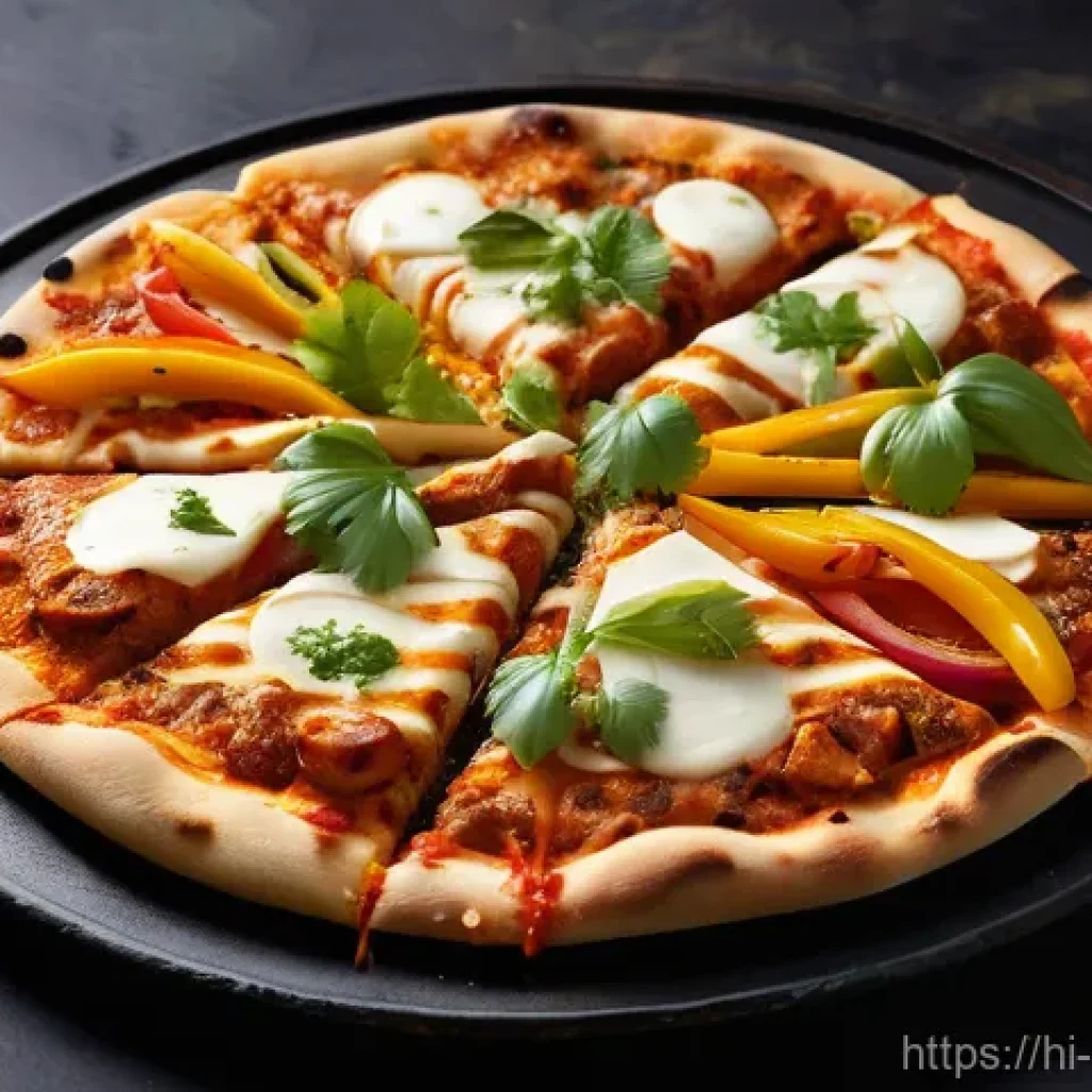 퓨전 피자의 글로벌화 과정 - **Prompt:** A mouth-watering close-up photograph of a Tandoori Paneer Pizza. The pizza features a pe...
