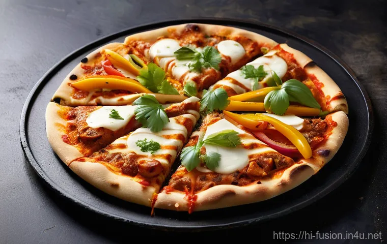 퓨전 피자의 글로벌화 과정 - **Prompt:** A mouth-watering close-up photograph of a Tandoori Paneer Pizza. The pizza features a pe...
