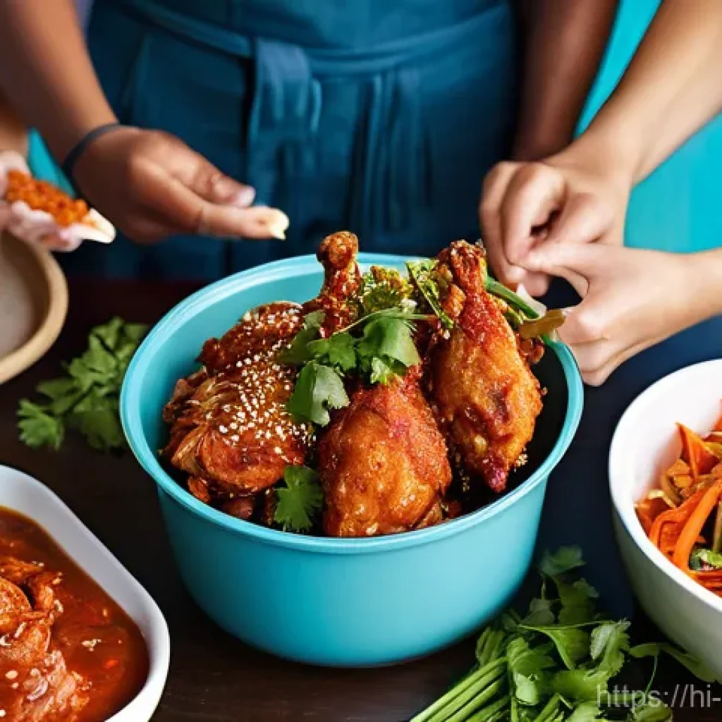 퓨전 치킨 브랜드별 할인율 - Festive Fusion Chicken Feast for Friends**
A vibrant, high-angle shot capturing a diverse group of f...