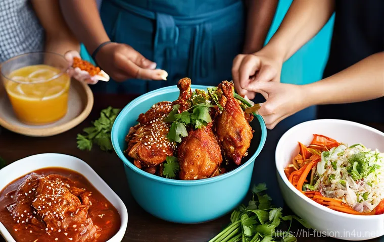 퓨전 치킨 브랜드별 할인율 - Festive Fusion Chicken Feast for Friends**
A vibrant, high-angle shot capturing a diverse group of f...