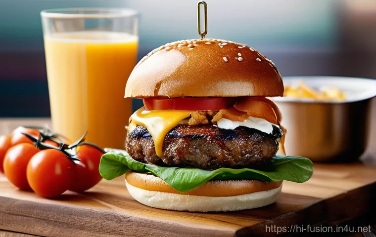 퓨전 버거와 환경 지속 가능성 - **Fusion Burger Extravaganza:**
A hyper-realistic, mouth-watering fusion burger, dynamically pre...
