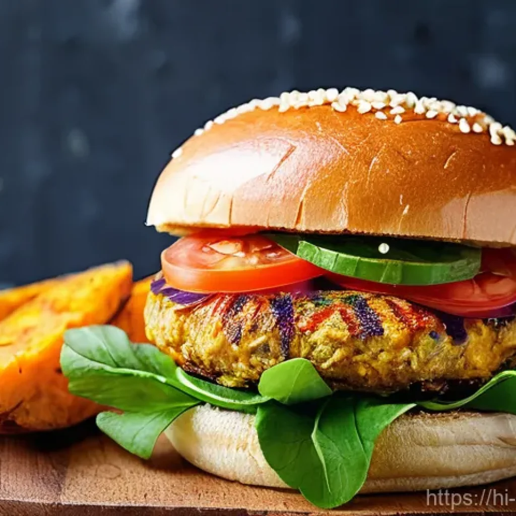 퓨전 패스트푸드 현지 농산물 활용 - **Prompt:** A close-up, vibrant, and appetizing image of a modern "Masala Paneer Burger." The burger...
