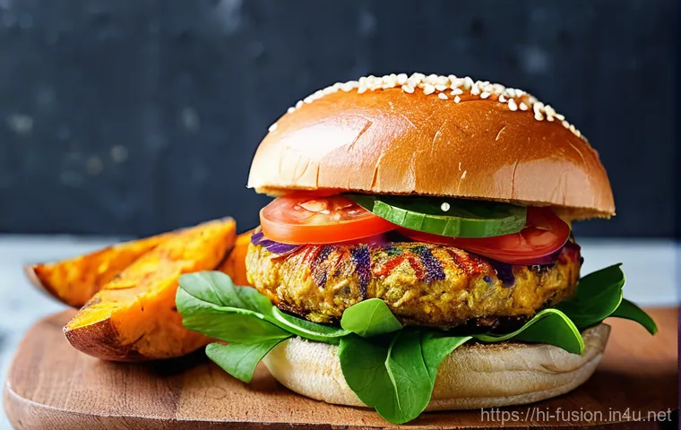 퓨전 패스트푸드 현지 농산물 활용 - **Prompt:** A close-up, vibrant, and appetizing image of a modern "Masala Paneer Burger." The burger...