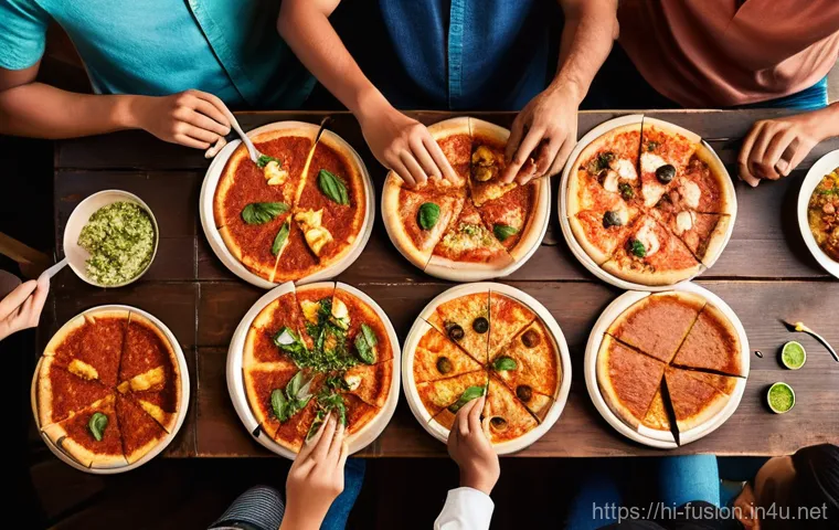 퓨전 피자 특가 행사 정보 - **A Vibrant Fusion Pizza Party:**
A group of diverse young adults and teenagers, fully clothed i...