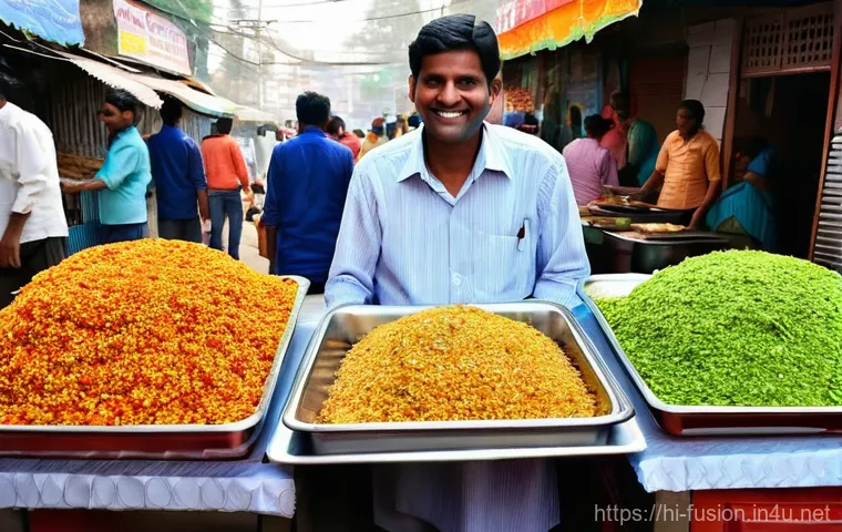퓨전 샌드위치의 지역화 메뉴 - **Vibrant Indian Street Food Fusion**
A bustling and colorful Indian street market scene during ...