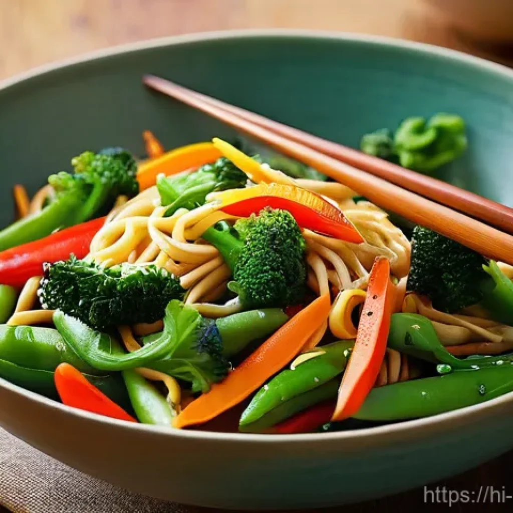 퓨전 치킨과 어울리는 사이드 추천 - **Vibrant Garlic Noodles and Stir-fried Vegetables:** A beautifully composed, top-down shot of a lar...