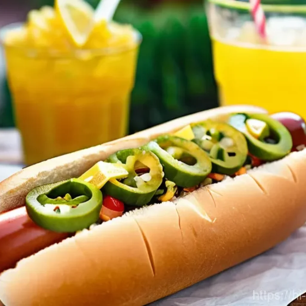 퓨전 핫도그에 어울리는 음료 추천 - **A vibrant, close-up shot of a "Spicy Fusion Hot Dog" with an emphasis on its colorful and fiery to...