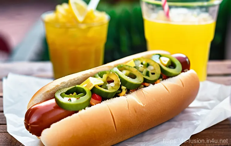 퓨전 핫도그에 어울리는 음료 추천 - **A vibrant, close-up shot of a "Spicy Fusion Hot Dog" with an emphasis on its colorful and fiery to...