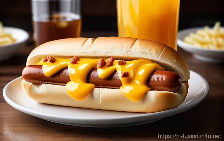 퓨전 핫도그에 어울리는 음료 추천 - **A vibrant, close-up shot of a "Spicy Fusion Hot Dog" with an emphasis on its colorful and fiery to...