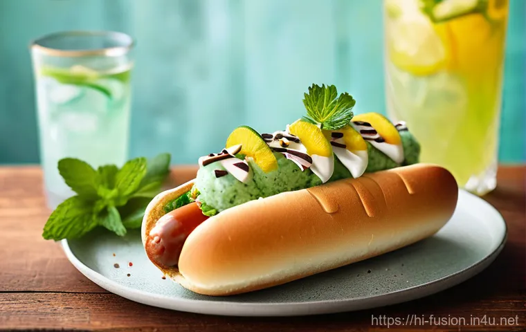 퓨전 핫도그에 어울리는 음료 추천 - **A mouth-watering image of a "Cheesy and Creamy Hot Dog" in a cozy, modern cafe setting. The hot do...