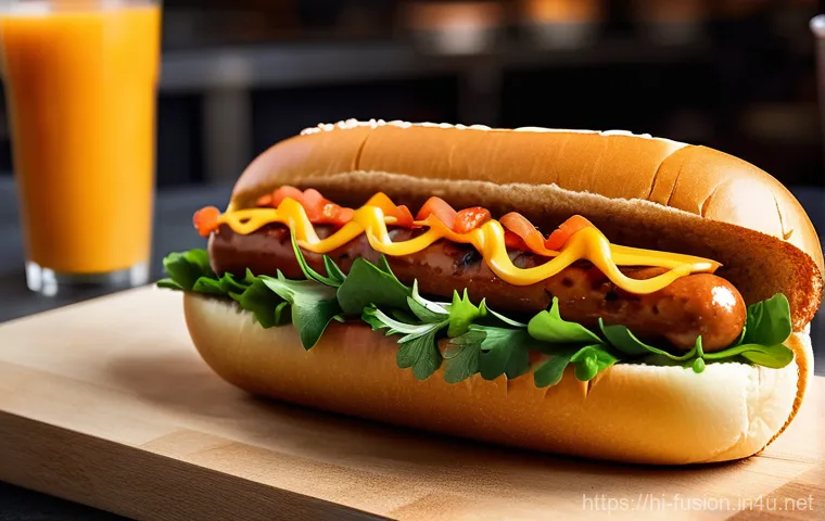 퓨전 핫도그 대형마트 구매 정보 - **"Vibrant 'Asian Twist' Fusion Hot Dog:** A close-up, dynamic shot of a gourmet hot dog featuring a...