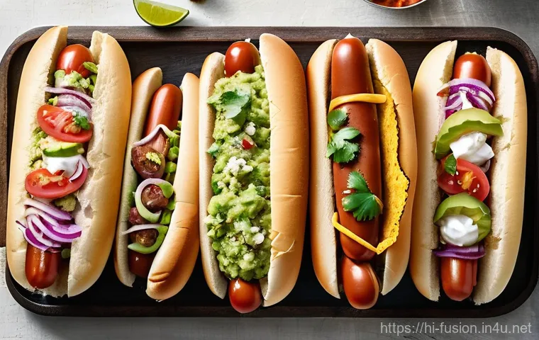 퓨전 핫도그 대형마트 구매 정보 - **"Vibrant 'Asian Twist' Fusion Hot Dog:** A close-up, dynamic shot of a gourmet hot dog featuring a...