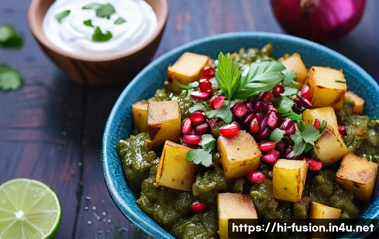 퓨전 패스트푸드의 저칼로리 옵션 - **Prompt:** A close-up, vibrant and appetizing shot of a "Healthy Tandoori Aloo Chaat" served in a r...