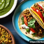 퓨전 패스트푸드 건강 옵션 - **Prompt:** A close-up, top-down shot of a beautifully arranged fusion meal: a healthy, whole-wheat ...