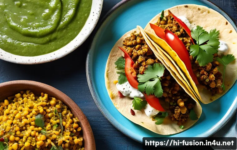 퓨전 패스트푸드 건강 옵션 - **Prompt:** A close-up, top-down shot of a beautifully arranged fusion meal: a healthy, whole-wheat ...