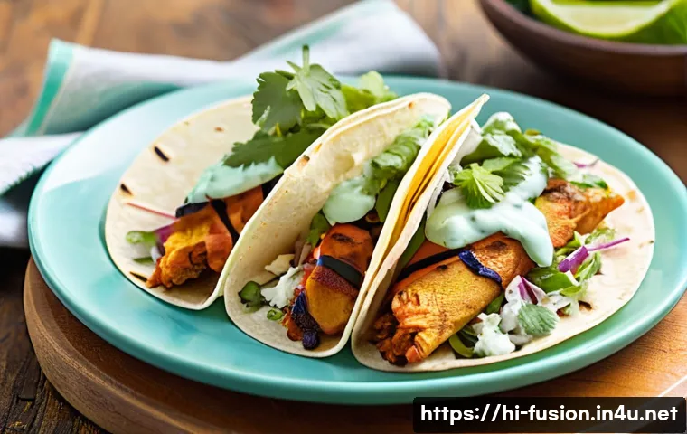 퓨전 치킨 글로벌 인기 비결 - **Prompt 1: Vibrant Chicken Tikka Tacos**
"A close-up, appetizing food photography shot of vibra...
