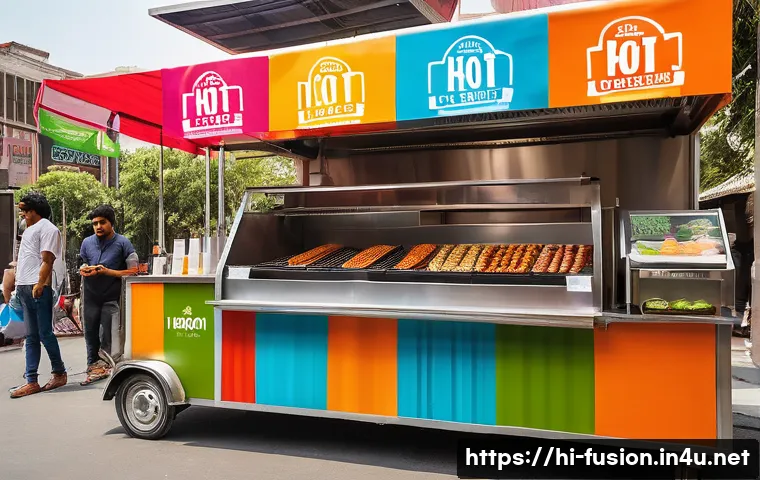 퓨전 핫도그 프랜차이즈 비용 - **Prompt 1: "A bustling, vibrant Indian street food stall, branded 'Fusion Hot Dogs', located near a...