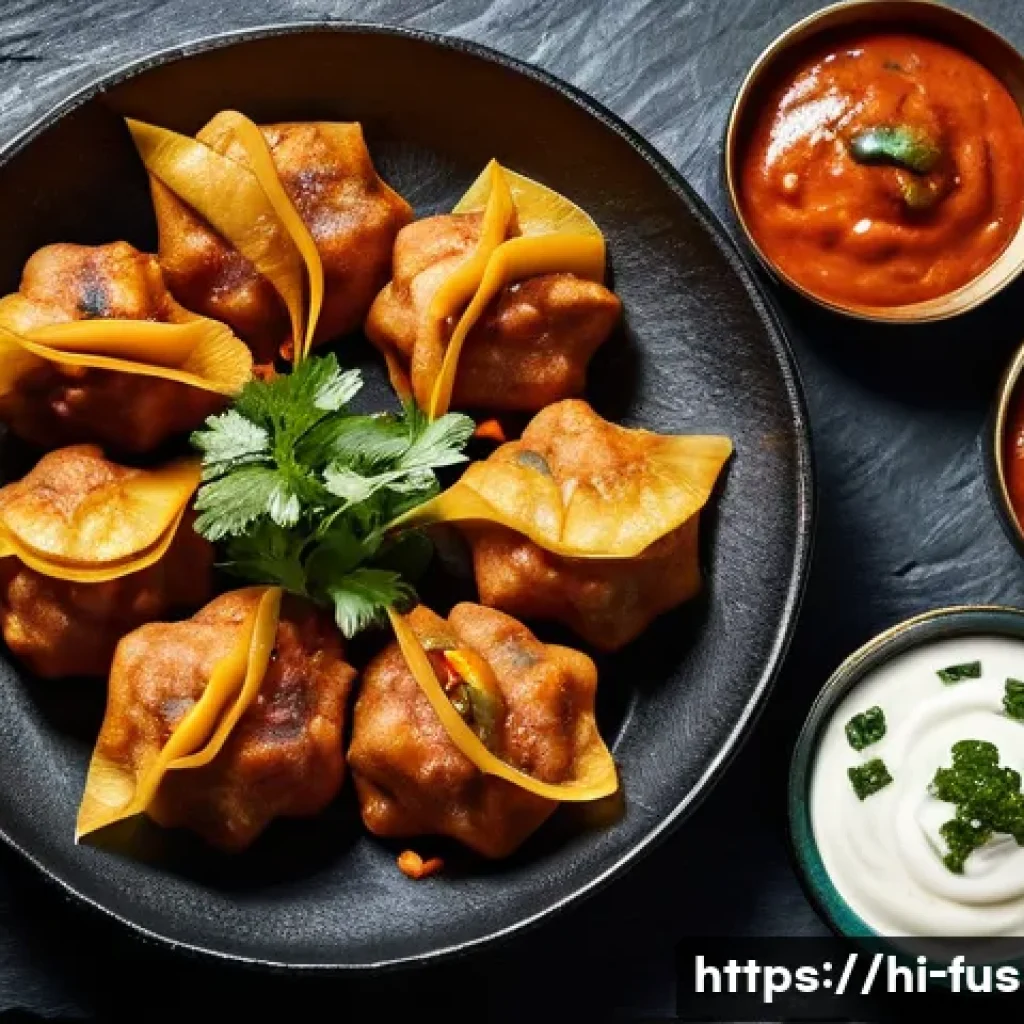 퓨전 패스트푸드 마케팅 전략 - **A Vibrant Fusion Food Platter:** A high-angle, close-up shot of a "Tandoori Momos Platter" arrange...