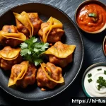 퓨전 패스트푸드 마케팅 전략 - **A Vibrant Fusion Food Platter:** A high-angle, close-up shot of a "Tandoori Momos Platter" arrange...