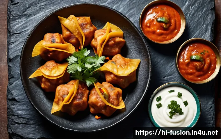 퓨전 패스트푸드 마케팅 전략 - **A Vibrant Fusion Food Platter:** A high-angle, close-up shot of a "Tandoori Momos Platter" arrange...