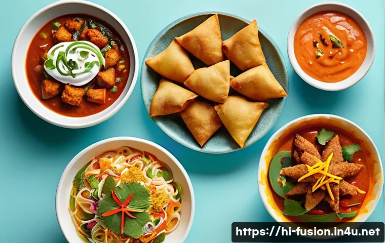 퓨전 패스트푸드 소스 종류 - **Prompt 1: "The Grand Fusion Feast"**
    A vibrant and colorful scene set in a lively, modern Indi...